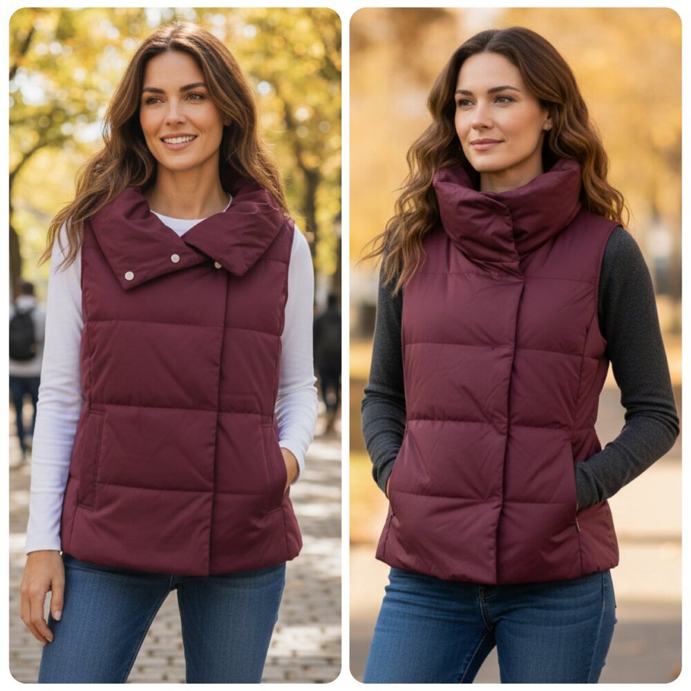 J. Jill Quilted Down Puffer Vest Size Small Burgundy Satin Snap Button Pockets